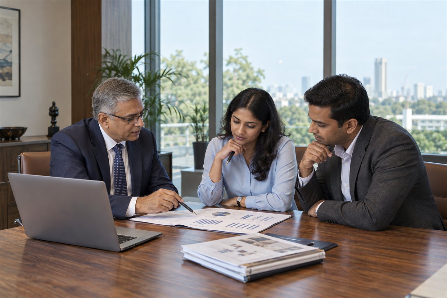 Illustrative scene of business professionals reviewing a financial report in an advisory meeting.