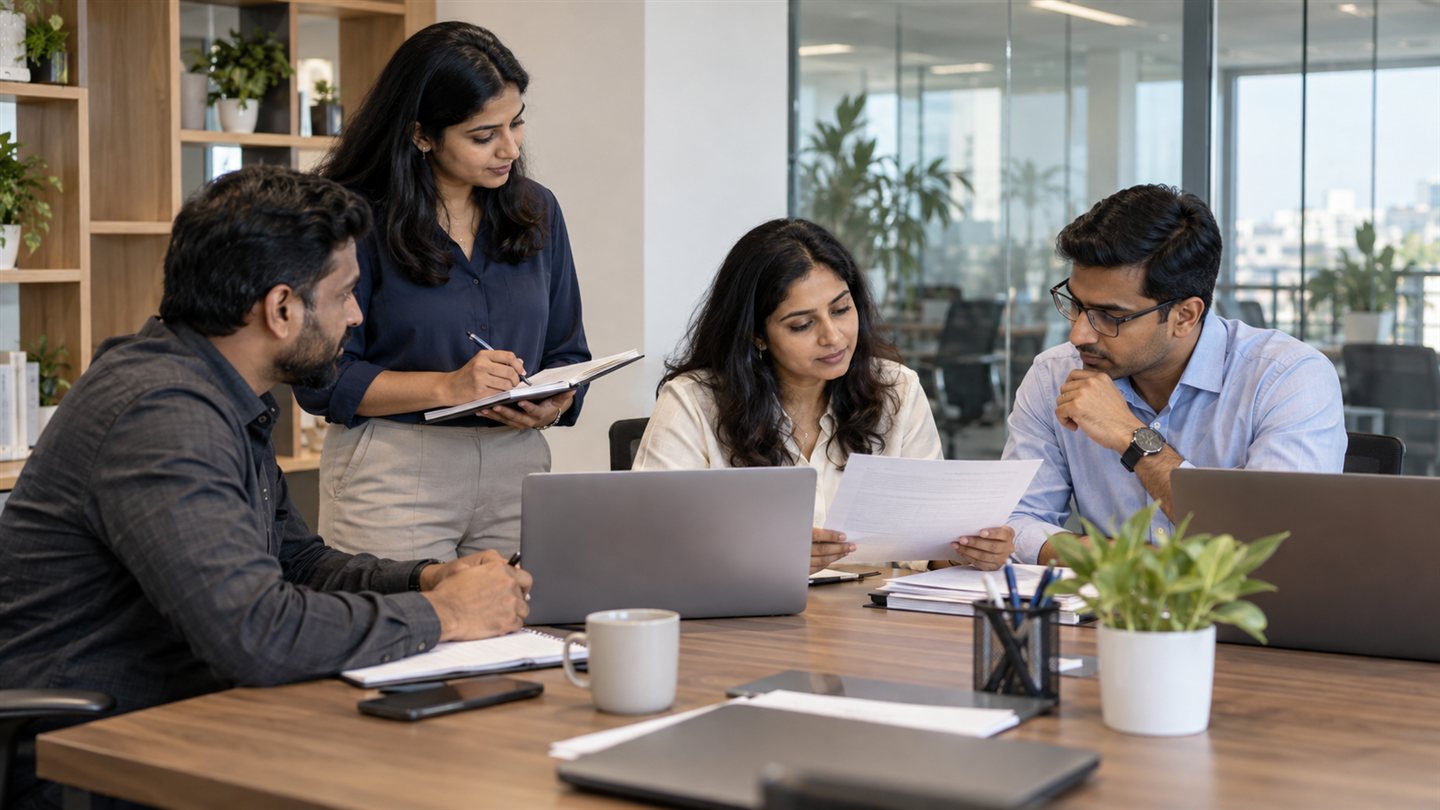 Illustrative scene of professionals collaborating on documents in a contemporary office.