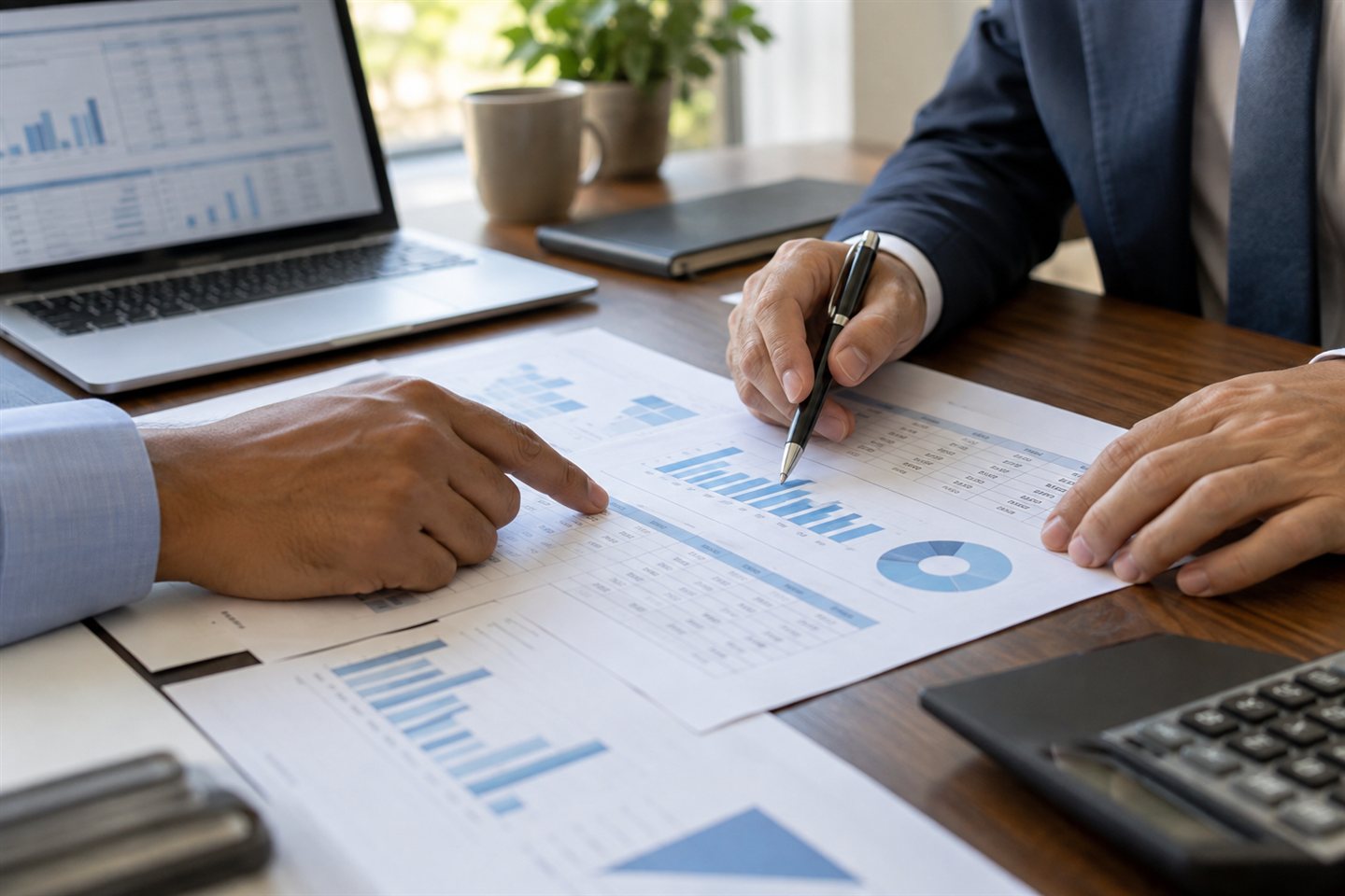 Illustrative close-up of professionals reviewing financial statements, charts, and accounting records.